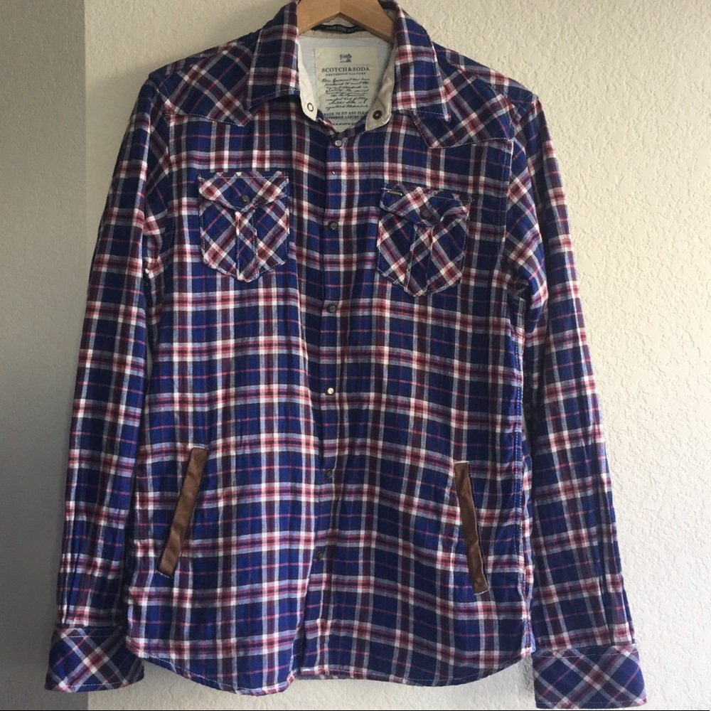 Plaid Button Down top with Leather Trim Pockets